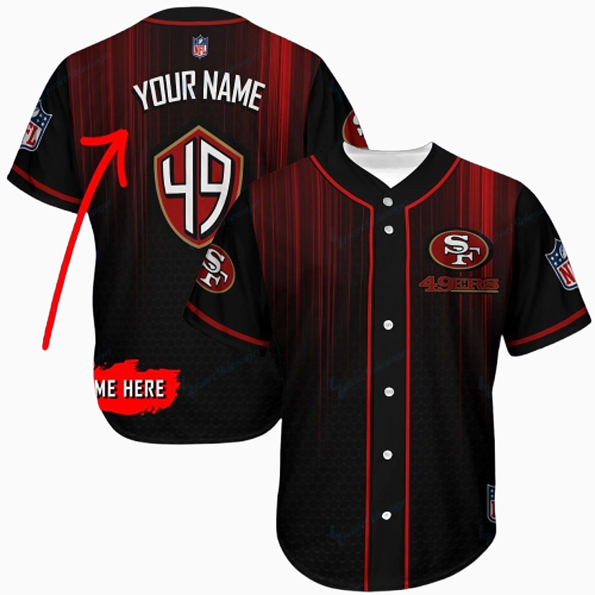 Unisex San Francisco 49ers NFL Custom Baseball Jersey - Personalized Black Red Full Button Game Day Fan Shirt
