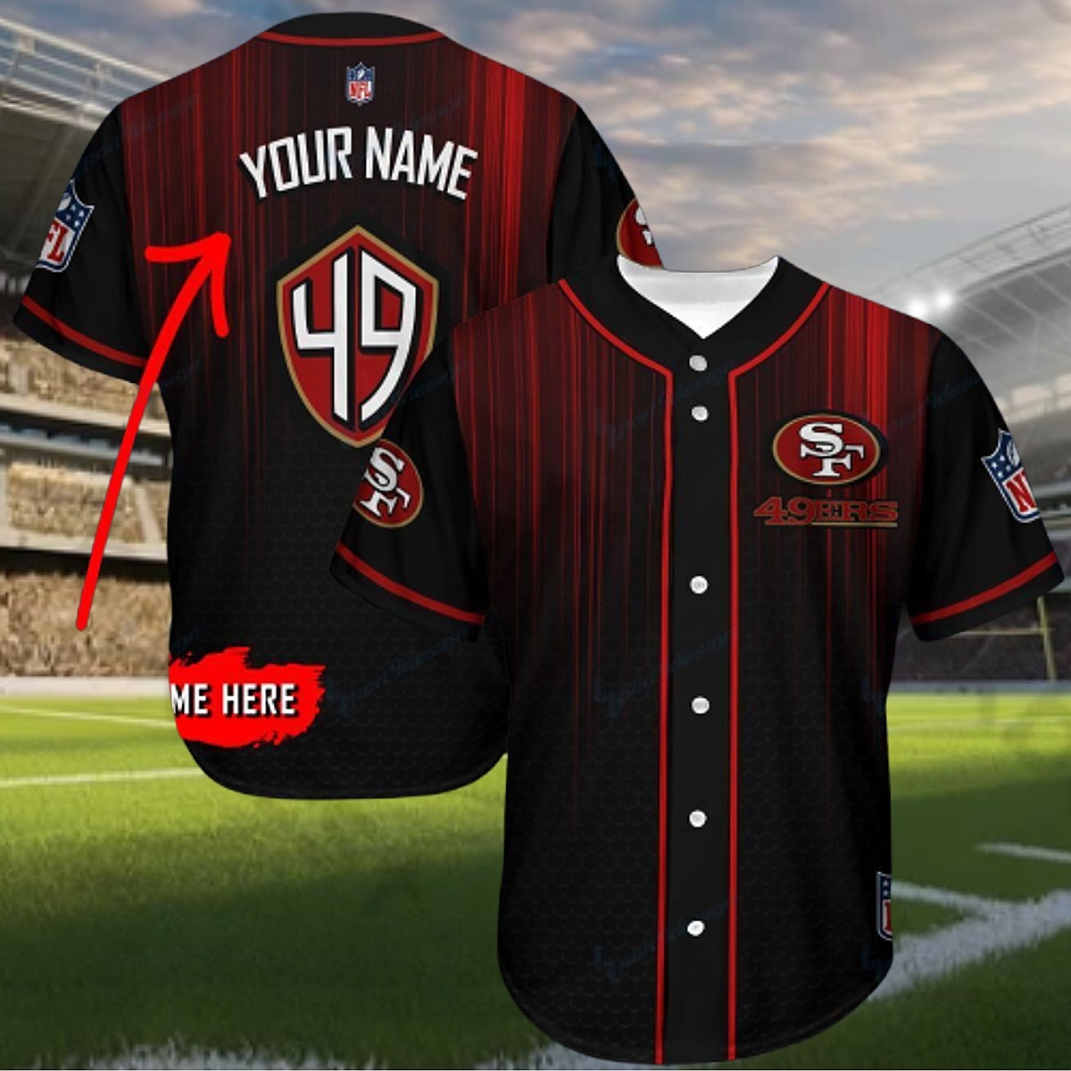 Unisex San Francisco 49ers NFL Custom Baseball Jersey - Personalized Black Red Full Button Game Day Fan Shirt