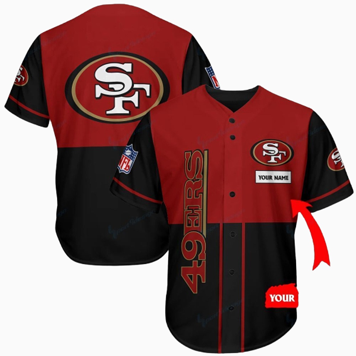 Unisex San Francisco 49ers Personalized Baseball Jersey - Red Black Button-Down Fan Shirt