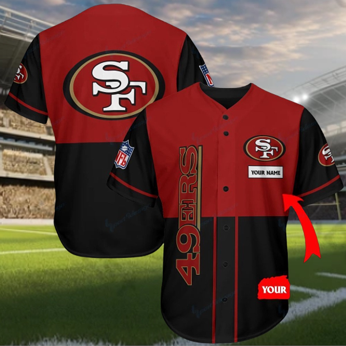 Unisex San Francisco 49ers Personalized Baseball Jersey - Red Black Button-Down Fan Shirt