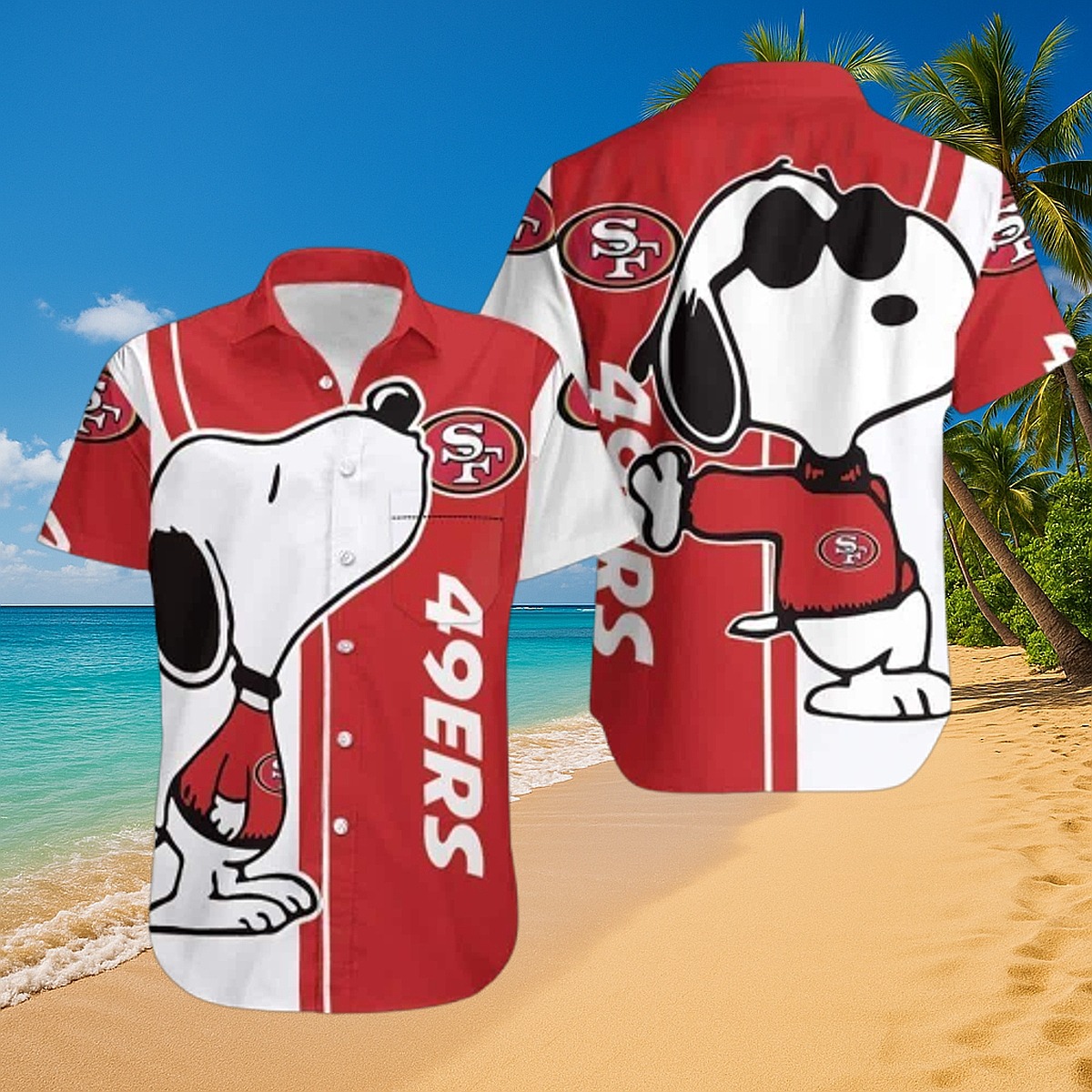 Unisex San Francisco 49ers Snoopy Red White Hawaiian Button-Down Shirt