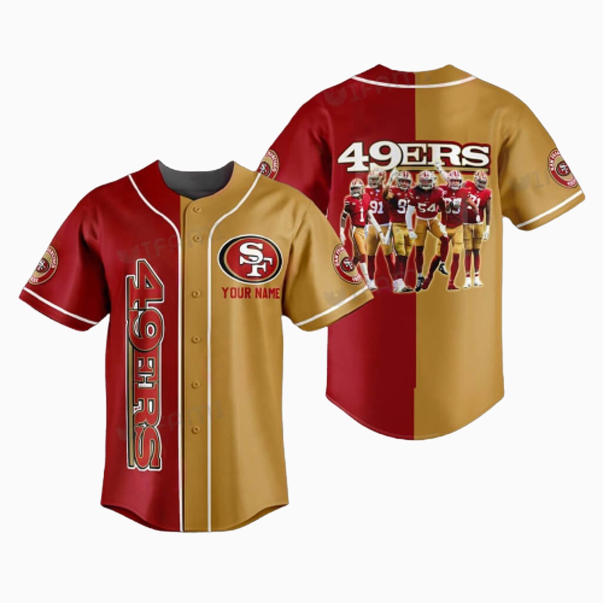 Unisex San Francisco 49ers Split Color Baseball Jersey - NFL Fan Button-Down Shirt with Player Graphic Custom Name