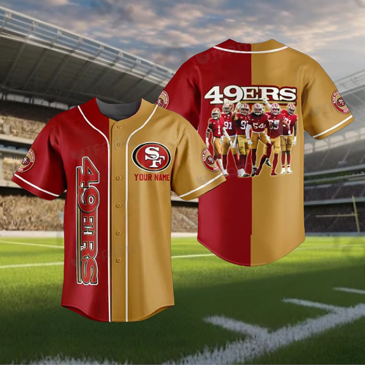 Unisex San Francisco 49ers Split Color Baseball Jersey - Red Gold Button-Down with Team Logo Player Graphic