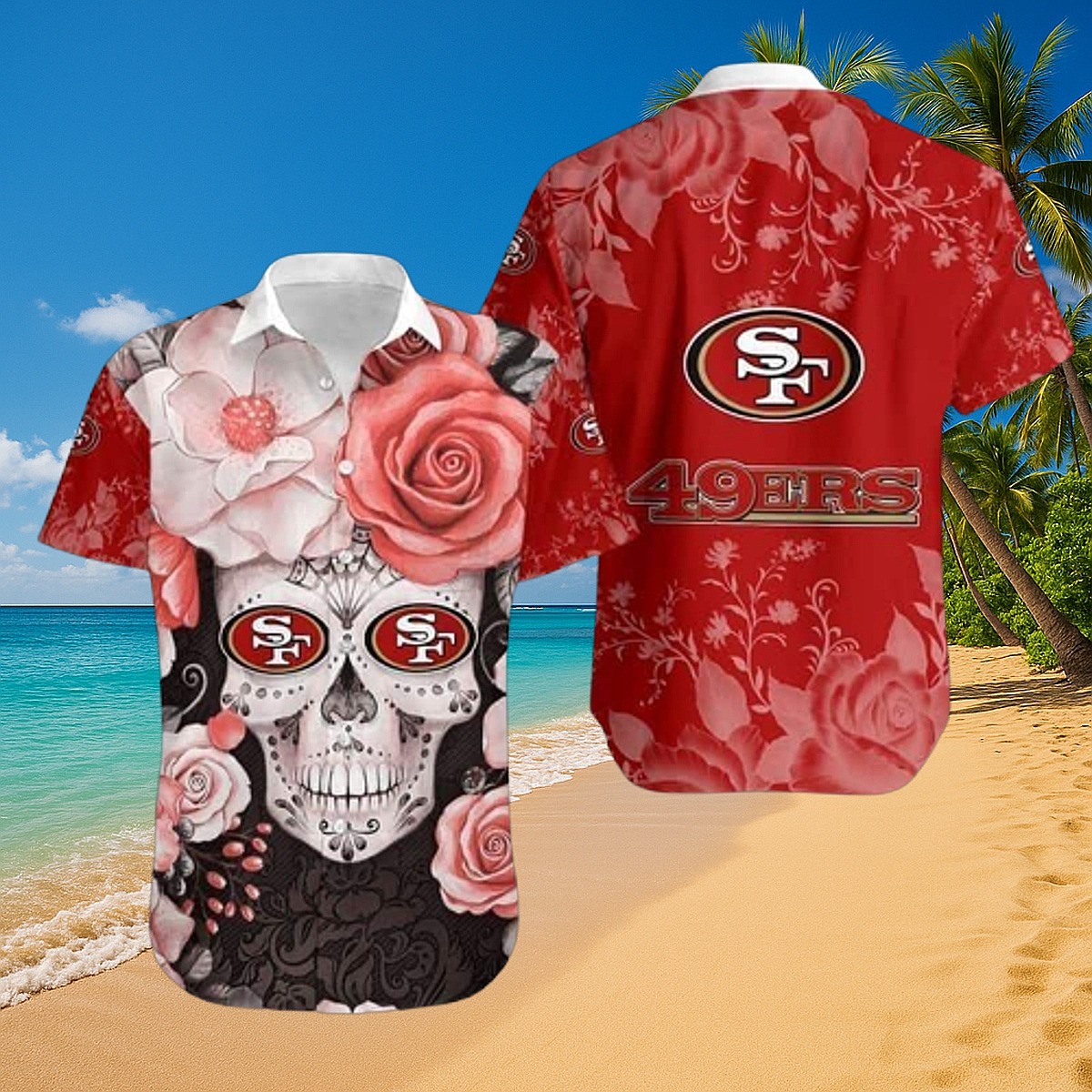 Unisex San Francisco 49ers Sugar Skull Rose Floral Hawaiian Button-Down Shirt