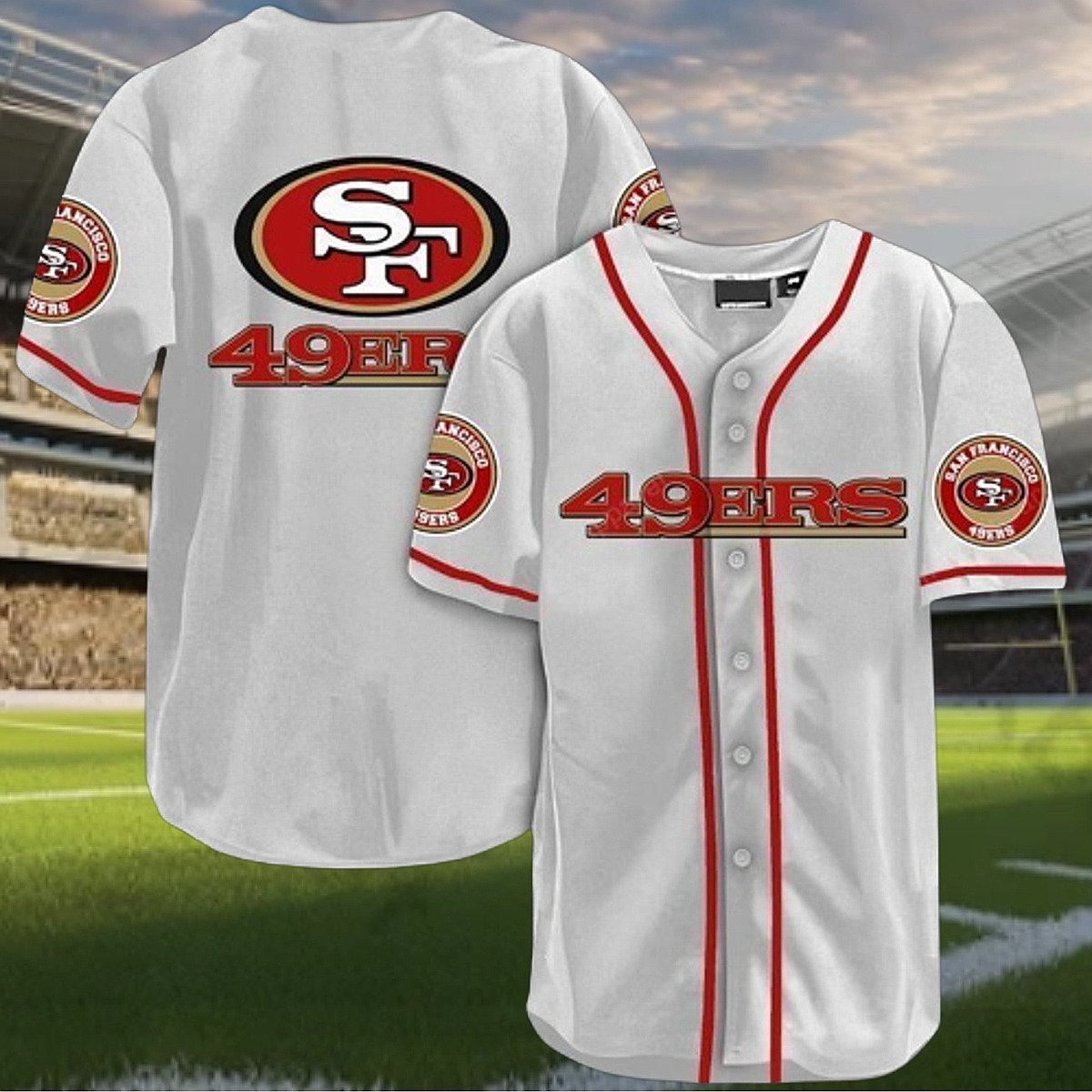 Unisex San Francisco 49ers White Baseball Jersey - Button-Down Fan Apparel with Red Piping